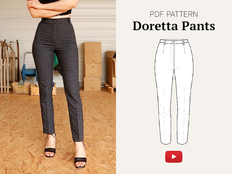 Puede incluir: Un patr&oacute;n PDF para coser pantalones de cintura alta llamados "Doretta Pants". El patr&oacute;n incluye un dibujo de l&iacute;nea de los pantalones.