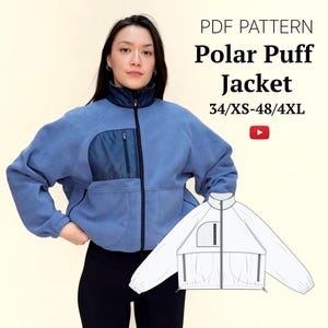 May include: A blue fleece jacket with a black zipper and a black and blue pocket on the left side. The jacket is shown on a model wearing black leggings. The text "PDF PATTERN Polar Puff Jacket 34/XS-48/4XL" is displayed above the model.