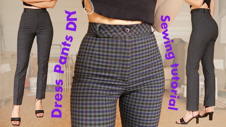 Puede incluir: Una mujer lleva un pantal&oacute;n de cintura alta a cuadros en blanco y negro. El pantal&oacute;n es ajustado y tiene una pierna recta. La mujer est&aacute; de pie frente a una pared blanca con el texto "Dress Pants DIY" y "Sewing tutorial" escrito en ella.