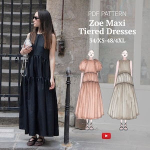 Könnte beinhalten: PDF-Schnittmuster für ein Zoe Maxi-Kleid mit Volants in den Größen 34/XS-48/4XL. Das Schnittmuster enthält zwei Illustrationen des Kleides in verschiedenen Farben: ein pfirsichfarbenes Kleid mit Puffärmeln und ein beiges Kleid mit trägerlosen Trägern.