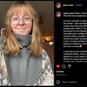 May include: A woman wearing a grey turtleneck sweater with a white and brown patterned cardigan. The text in the image reads "so this is actually a make I wear in the winter - also something I've made a few times for different people and I LOVE it. I've found it to be perfect for the Seattle drizzle, and adds just a smidge of extra warmth under a sweater where a whole extra layer would be too much. I've also thrifted most of my jackets in California, the land of no rain and no hoods.  I used the burrito method on this sweatshirt fabric. It has a little bit of stretch to it, so it wasn't too too difficult to wrap it around itself for construction. Initially I made one"