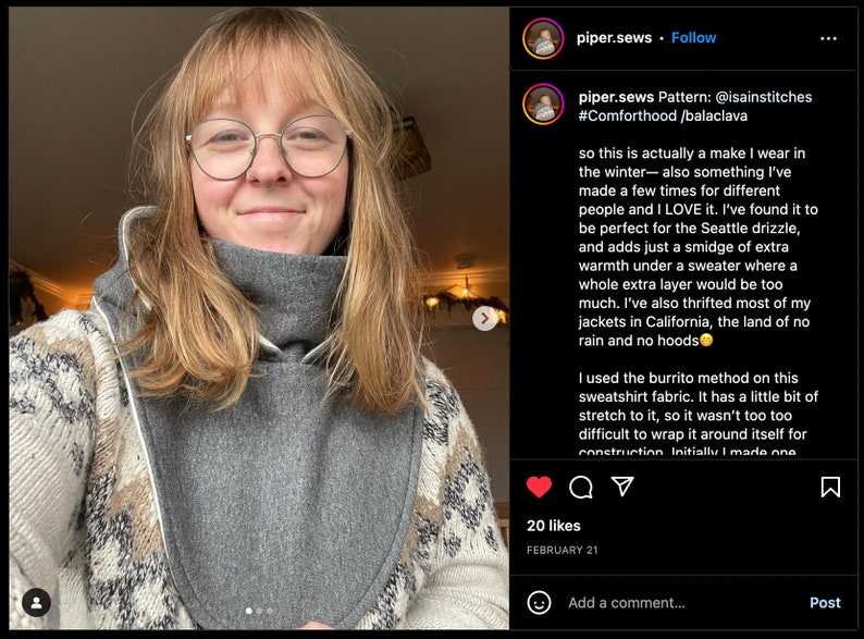 May include: A woman wearing a grey turtleneck sweater with a white and brown patterned cardigan. The text in the image reads "so this is actually a make I wear in the winter - also something I've made a few times for different people and I LOVE it. I've found it to be perfect for the Seattle drizzle, and adds just a smidge of extra warmth under a sweater where a whole extra layer would be too much. I've also thrifted most of my jackets in California, the land of no rain and no hoods.  I used the burrito method on this sweatshirt fabric. It has a little bit of stretch to it, so it wasn't too too difficult to wrap it around itself for construction. Initially I made one"