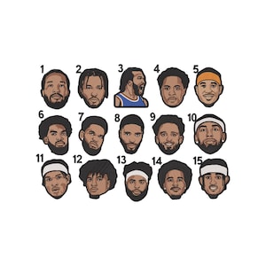 May include: A collection of fifteen embroidered patches featuring illustrated portraits of basketball players, each numbered from 1 to 15. The designs showcase various hairstyles, facial hair, and accessories like headbands, rendered in detailed thread work.