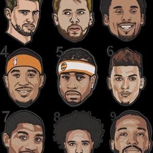 May include: Nine illustrated portraits of men with different hairstyles and facial hair. Each portrait is numbered 1 through 9.