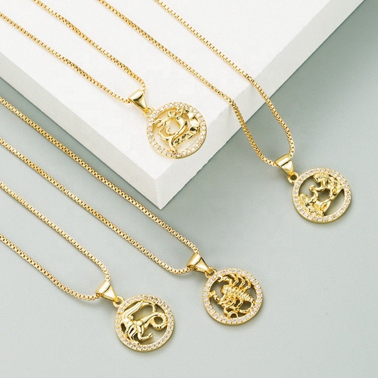 14K Goldplated Zodiac Pendant Necklace Circle Gold Coin Etsy UK