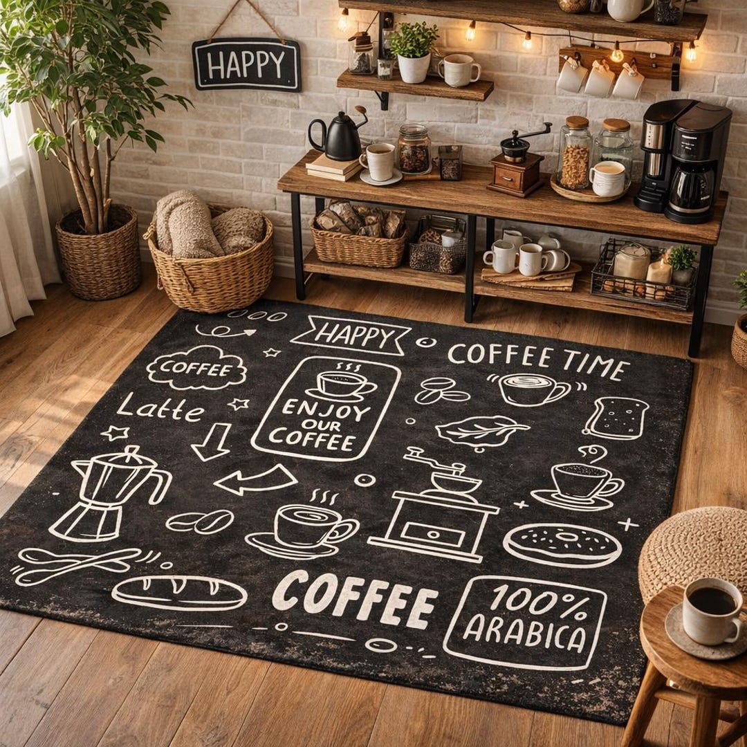 Coffee Room Rug Coffee Bar Rug, Coffee Station Decor, Latte Art Coffee Beans Daisy ...