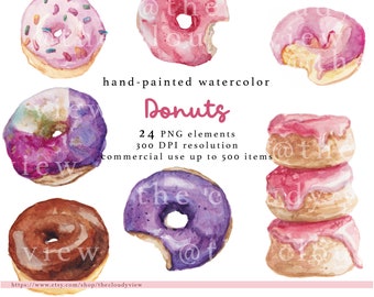 Watercolor Donut Clipart – 24 PNG Elements (Digital Download)