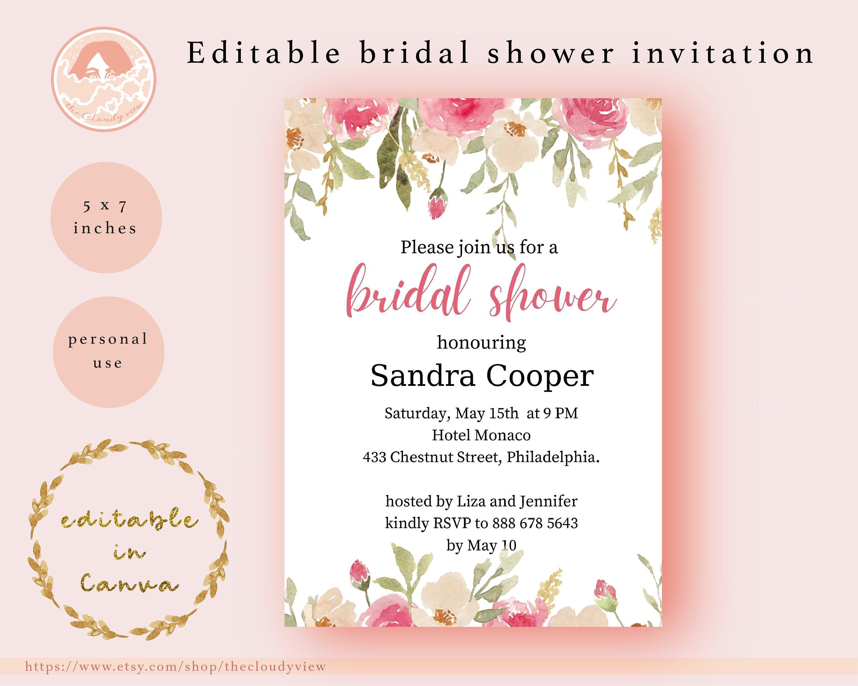 Editable bridal shower invitation edit the text in Canva and Etsy