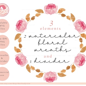 3 Elemente|Aquarell Blumenkreise und floraler Divider| SVG PNG Rahmen | Kränze für Einladungen, Karten|kommerzielle Nutzung| Sofort-Download