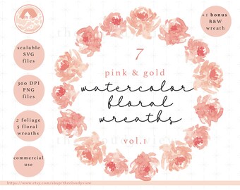 Watercolor Floral Frames | Pink & Gold Peonies, Roses (Digital Download)
