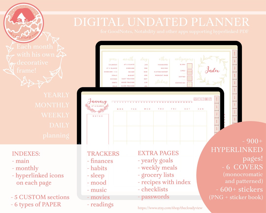 Undated Hyperlinked Digital Planner for Goodnotes Notability - Etsy