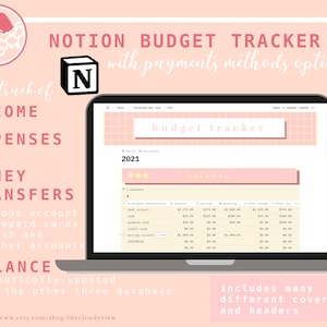 Puede incluir: Una plantilla de seguimiento de presupuesto de Notion rosa y blanca en la pantalla de una computadora portátil. La plantilla incluye secciones para ingresos, gastos, transferencias de dinero y saldo. La plantilla está diseñada para ayudar a los usuarios a realizar un seguimiento de sus finanzas e incluye muchas cubiertas y encabezados diferentes.