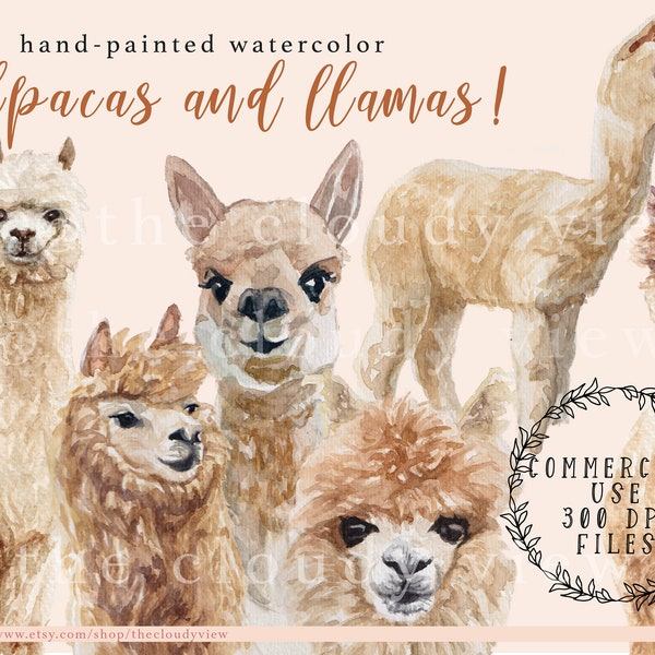 LLama and Alpaca watercolor clipart for personal and commercial use|300 DPI PNG files