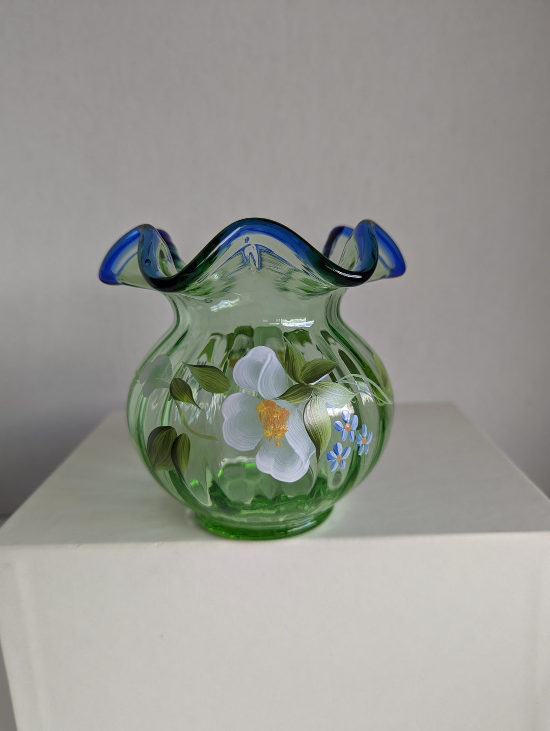 Fenton Art Glass Rose Bowl Vase Willow Green With Cobalt Blue Ruffled Crest Etsy