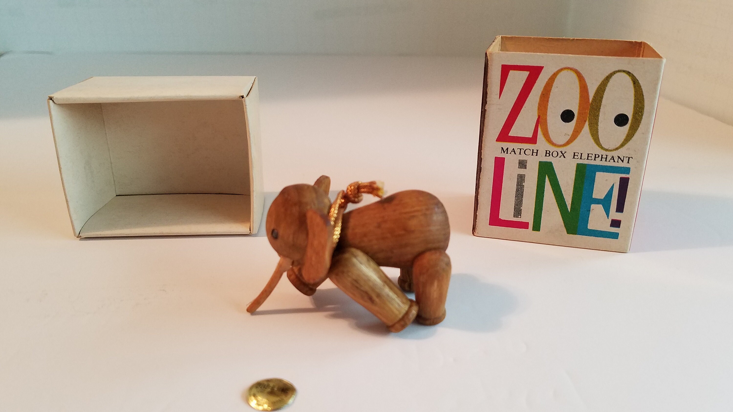 Vintage Zoo Line Match Box Wooden Elephant Figurine with Box and
