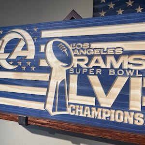 Drapeau sculpté LA Rams,Artisanal,Football,Fan de sport,Pride,Super Bowl,Cintre mural,Design rustique,Mancave,Signe,Champions,LVI,56, Stafford, Matt