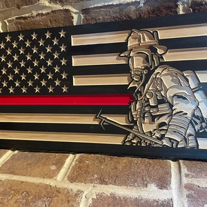 Carved Thin Red Line Firefighter flag, Hero, Officer, Volunteer, Fireman, Firewoman, America,