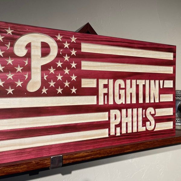 Figura tallada de los Philadelphia Phillies, hecha a mano, béisbol, aficionado a los deportes, orgullo de Filadelfia, Fightin’ Phils, colgador de pared, diseño rústico, cueva de hombre, letrero