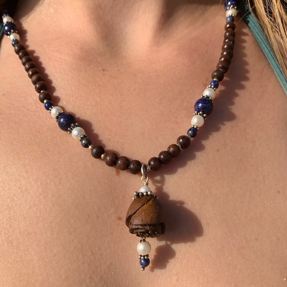 Handmade Indian Tulsi Bead Necklace With Lapis Lazuli and Pearl