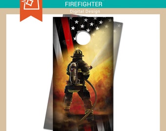 FIREFIGHTER | Thin Red Line, monogram, cornhole board wrap, decals, fire, flames
