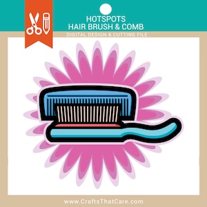 May include: A blue and black hair brush and comb with pink flower petals in the background. The text "Hotspots Hair Brush & Comb" is at the top of the image.