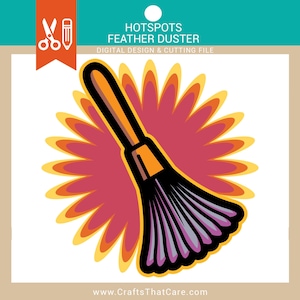 May include: A yellow and orange feather duster with a purple and black feather head. The duster is on a red and orange background with a white circle in the upper left corner.