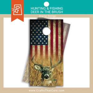 Deer in the Brush, American Flag, Buck, Hunting, Deer Hunting, Cornhole Decals, Wraps | INSTANT DOWNLOAD DIGITAL File