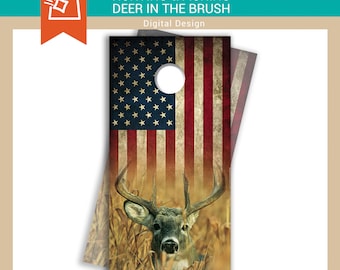 Deer in the Brush, American Flag, Buck, Hunting, Deer Hunting, Cornhole Decals, Wraps | INSTANT DOWNLOAD DIGITAL File