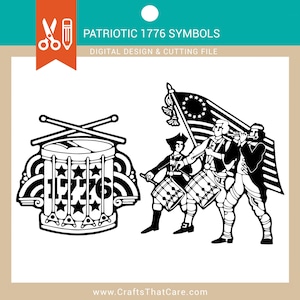 May include: Black and white illustration of three figures in military uniforms playing drums and holding a flag with the text "1776" on the drum. The flag has 13 stars in a circle.