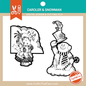 Christmas Caroler, Pupazzo di neve con gatto sul suo cappello, File di taglio SVG, File digitale, Vettore, Cricut, Silhouette, Download istantaneo