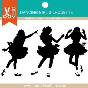 Könnte beinhalten: Schwarze Silhouette von drei tanzenden Mädchen in verschiedenen Posen. Jede Figur trägt einen Tutu und hat Arme und Beine in verschiedenen Positionen. Der Text "DANCING GIRL SILHOUETTE" und "DIGITAL DESIGN & CUTTING FILE" steht oben.
