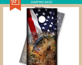 Bass | Fish Jumping | USA Flag | Drawing Cornhole Board Decals | Cornhole Wraps | Cornhole Custom Design | INSTANT DOWNLOAD Digital File