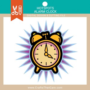 May include: A yellow alarm clock with a purple and blue starburst behind it. The clock face has black hands and black numbers. The clock is set to 7:00.