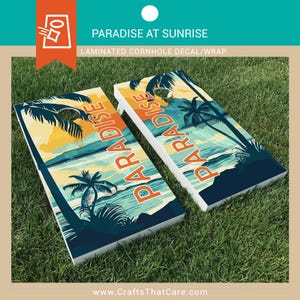 BEACH LIFE | Paradise at Sunrise, Cornhole Board Decal, Beach, Beachy Cornhole Wraps, Cornhole Stickers, Beach Cornhole Boards