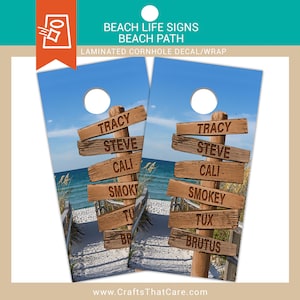 BEACH LIFE | Personalized Beach Path Sign, Family Gift, Monogram, Coastal Decor, Beachy Cornhole Board Wraps, Cornhole Decals, Stickers