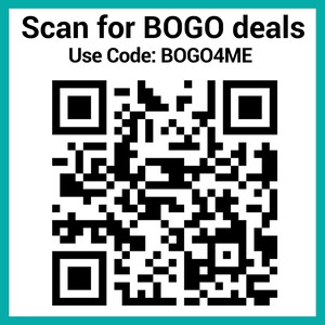May include: Black and white QR code with the text "Scan for BOGO deals" and "Use Code: BOGO4ME" above the code.