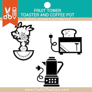 May include: Black and white digital design cut file for a fruit tower, toaster and coffee pot. The fruit tower is a watermelon with a stack of fruit on top. The toaster has a slice of bread inside and the coffee pot has a cord.