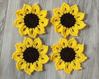 Crochet Sunflower Coasters, Set of Sunflower Coasters, Sunflower Decor, Flower Coasters, Flower Gift, House Gift, Crochet Flower