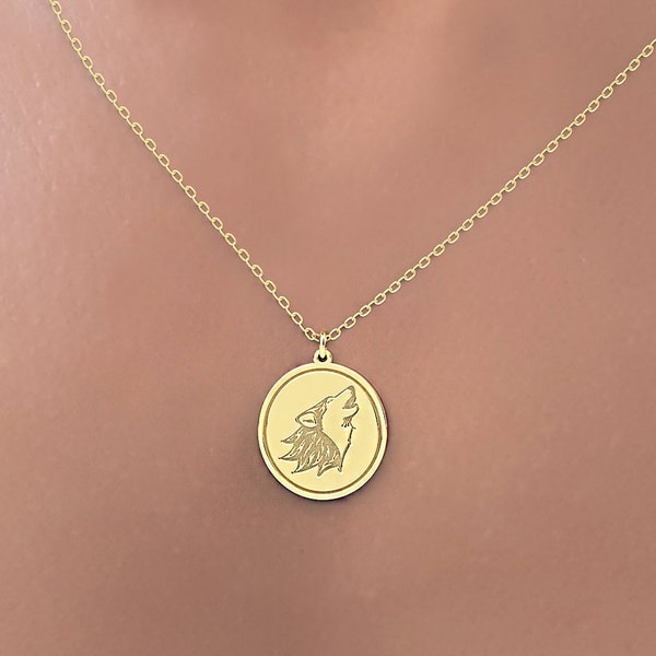 14k Real Solid Gold Wolf Coin Necklace, Animal Necklace , Wolf Jewelry for Her, Nature Gifts Personalized Medallion 14k gold Necklace