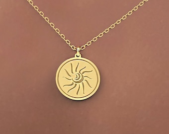 Real 14k Solid Gold Sun Necklace, Pesronalized Sun Pendant, Dainty Sun Jewelry, Sun Charm Necklace, Sun Disc Necklace, Layered Sun Pendant