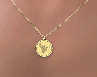 14k Real Solid Gold Dove Necklace , Solid Gold Chain, Holy Spirit Necklace Dainty Dove Charm Gift for Her, Prayer Necklace personalized gift