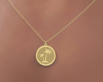 Gold Palm Tree Necklace · Palm Coin Necklace · Palm Tree Charm · Ocean Necklace · Engraved Charm · Real solid gold personalized pendant gift