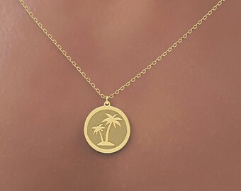 Gouden palmboomketting · Palmmuntketting · Palmboombedel · Oceaanketting · Gegraveerde bedel · Echt massief gouden gepersonaliseerde hangercadeau