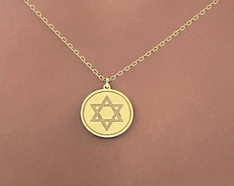 Dainty 14k Solid Gold Star Of David Necklace, Star Of David Gold Disc Pendant For Layered Necklace  solid gold personalized gift for her