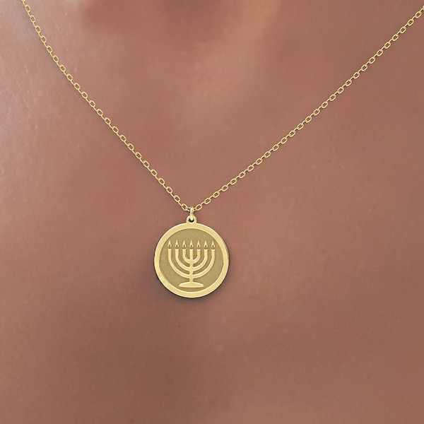 Real 14k Solid Gold Minimal Menorah Necklace,, Menorah Necklace Charm, Gold Dainty necklace , Personalized Hanukkah Jewelry Gifts for her