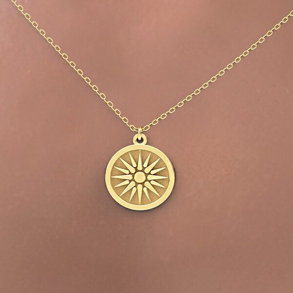 Collana disco solare 14k oro massiccio macedone ciondolo sole stella di Vergina regalo greco per la sua collana a strati collana da sposa collana delicata