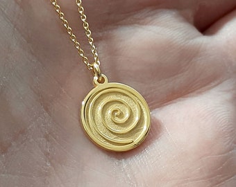 Dainty 14k Solid Gold Spiral Necklace, Personalized Geometric Necklace, Real Gold Spiral Necklace, Custom 14k Solid Gold coin necklace gift