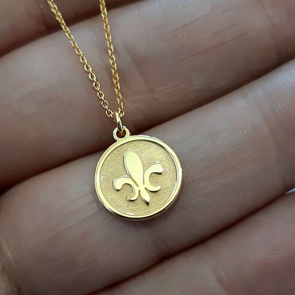 Fleur De Lis Pendant, 14K Solid Gold Necklace, De Lis Charm, Dainty Fleur, Gold Coin Necklace, Personalized Pendant, Fleur De Lis Jewelry