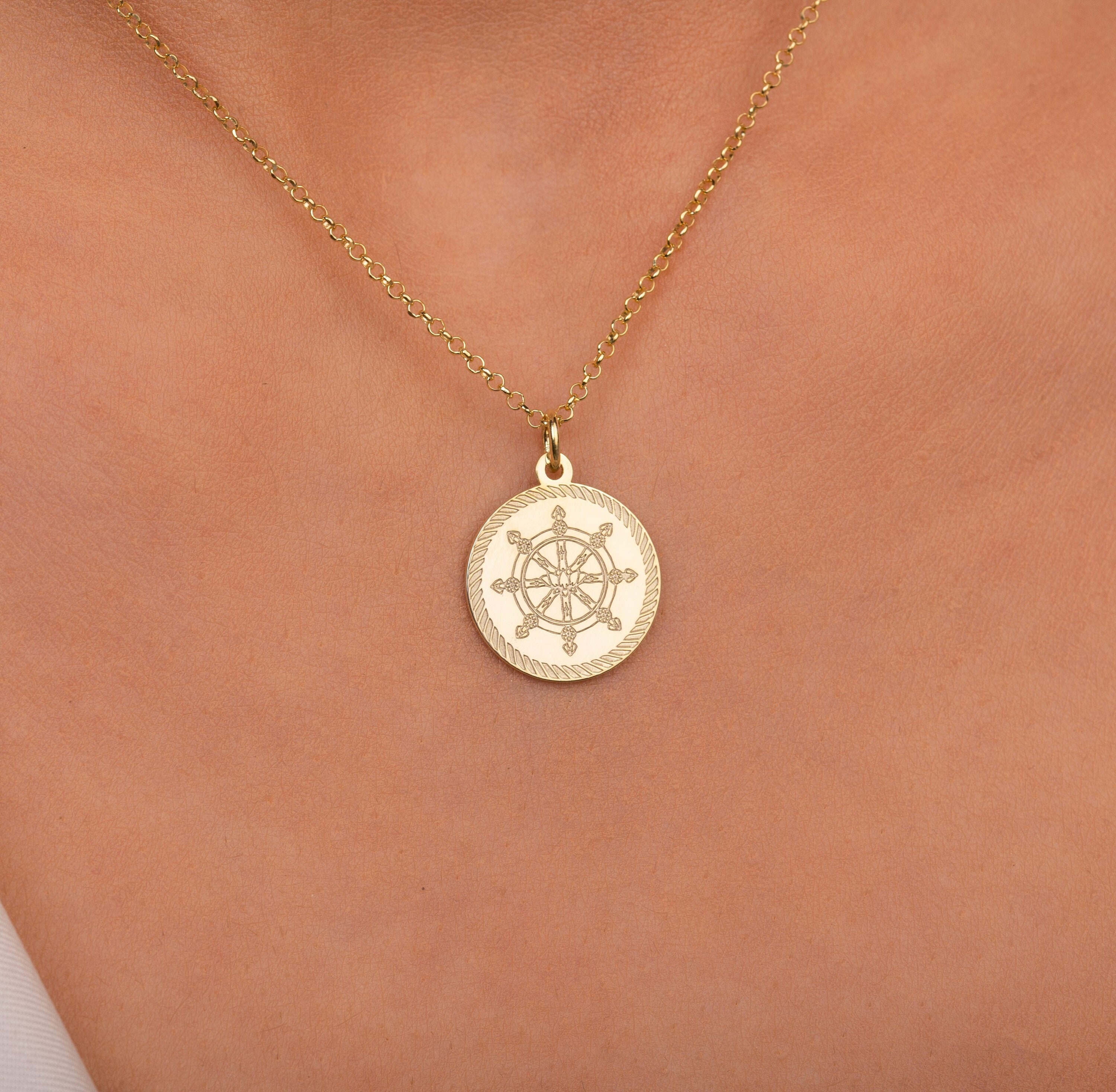 14K Real Solid Gold Dharma Wheel Necklace, Personalized Dharma Wheel