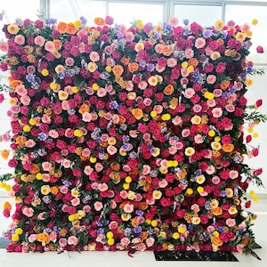 8*8Ft 5D Fabric Artificial Flower Wall Rolling Up Curtain Flower Wall, Hot Pink Rose Floral Wedding Backdrop Real touch fake flowers Wall